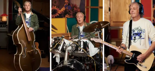 А эти три фотографии отца в студии за работой - в том числе с историческим контрабасом контрабасиста Элвиса Пресли - Мэри Маккартни объединила под названием "Триптих"