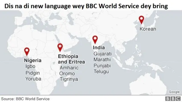 Map wey show BBC World Service languages