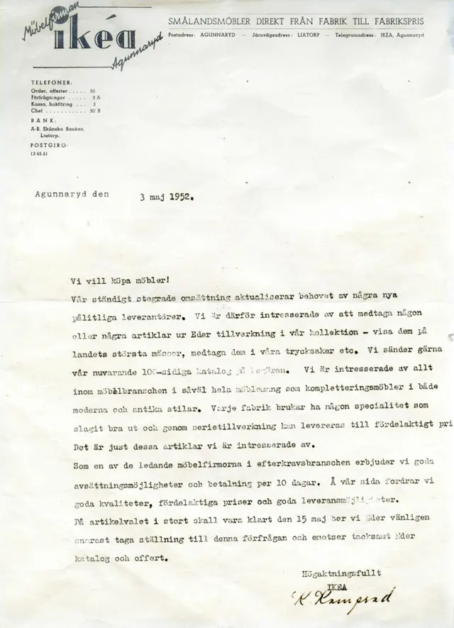 1952年宜家收到的第一張家具訂單