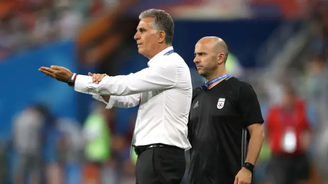 Carlos Queiroz, Head coach of Iran appeals for a handball during the 2018 FIFA World Cup Russia group B match between Iran and Portugal at Mordovia Arena on June 25, 2018 in Saransk, Russia.