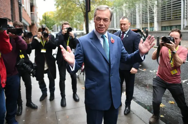 Nigel Farage arrives at the Brexit Party's General Election campaign launch