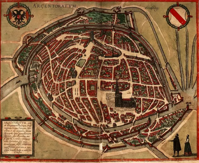 (Argentoratum Strassburg, publicado por primera vez en la Cosmografía de Munster edición de 1550. ©Universidad Hebrea de Jerusalén y Biblioteca Nacional de Israel)