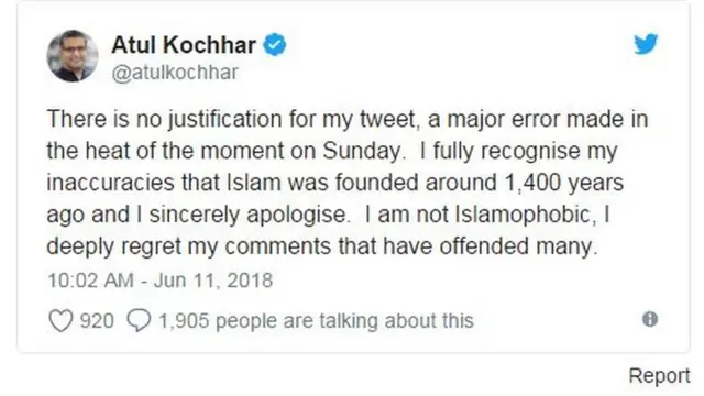 Saya sangat menyesalkan komentar saya, tulis Atul.