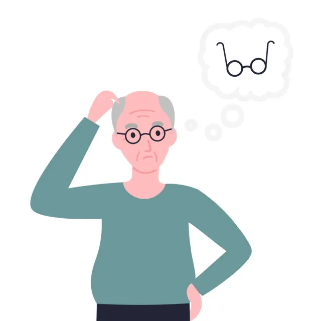 Ilustración de un hombre no pudiendo recordar dónde tiene sus anteojos cuando en realidad los lleva puestos.