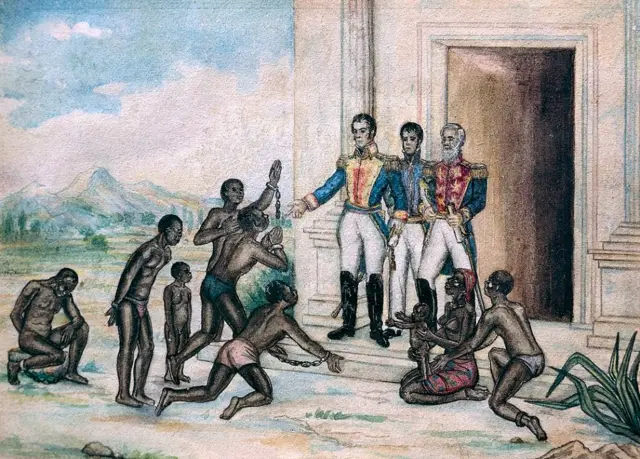 Simón Bolívar com um grupoescravos