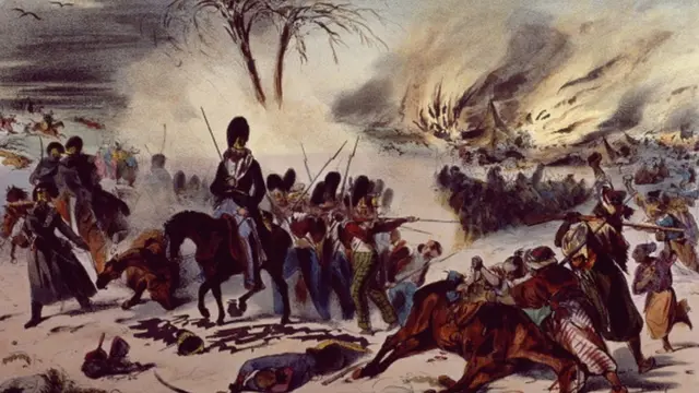 AFGHANISTAN - CIRCA 2002: Withdrawal of British troops from Kabul, January 6, 1842, lithograph. First Anglo-Afghan War, Afghanistan, 19th century. (Photo by DeAgostini/Getty Images)
