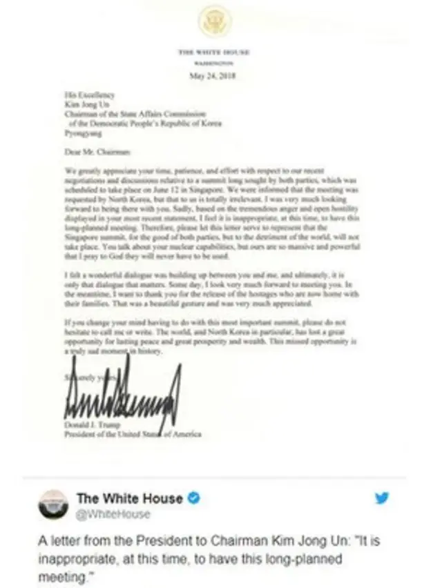 কিম জং আনের কাছে মি. ট্রাম্পের চিঠি।