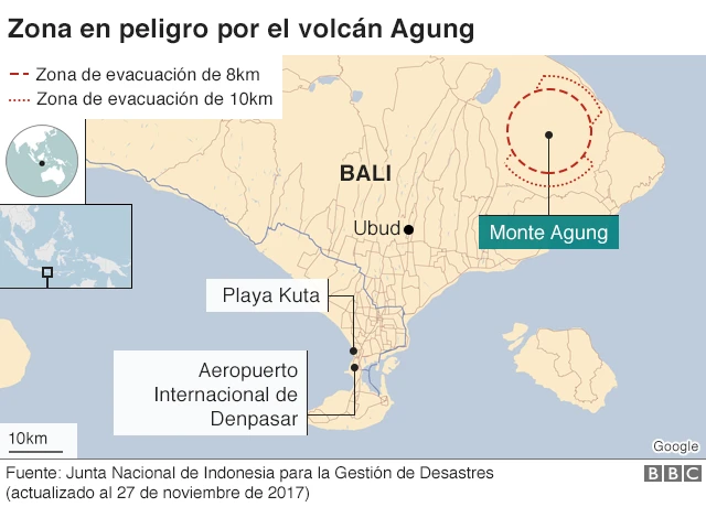 Mapa de la zona en peligro por el volcán Agung