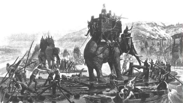 绘图描述了2000多年前，北非迦太基国将军汉尼拔在布匿战争中率军迎战罗马帝国军队的场景。
