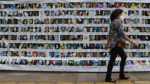Mural con las fotos de las 242 víctimas mortales del incendio del club Kiss