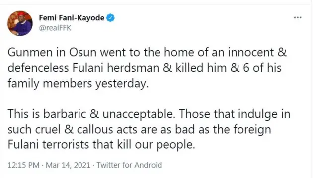 Àwọn agbébọn pa Fulani mẹfa ni abúlé kan, nìpínlẹ̀ Osun.