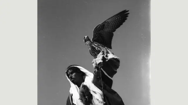 رجل بدوي في الصحراء السورية يحمل صقرا يستخدمه في الصيد للمصور جبرائيل جبور