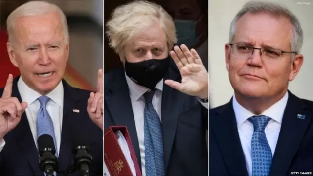 जो बाइडन, बोरिस जॉनसन और स्कॉट मॉरिसन