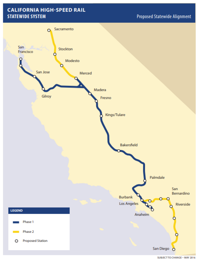 Mapa del recorrido del tren bala que construye California. Tiene estipulado viajar desde Los Ángeles a San Francisco.