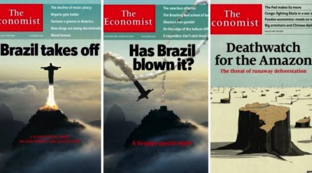 Cristo Redentor foi usado pelo 'Economist' para ilustrar a opinião da revista sobre o Brasil em 2009 e 2013; em 2019, uma capa falava sobre o desmatamento na Amazônia