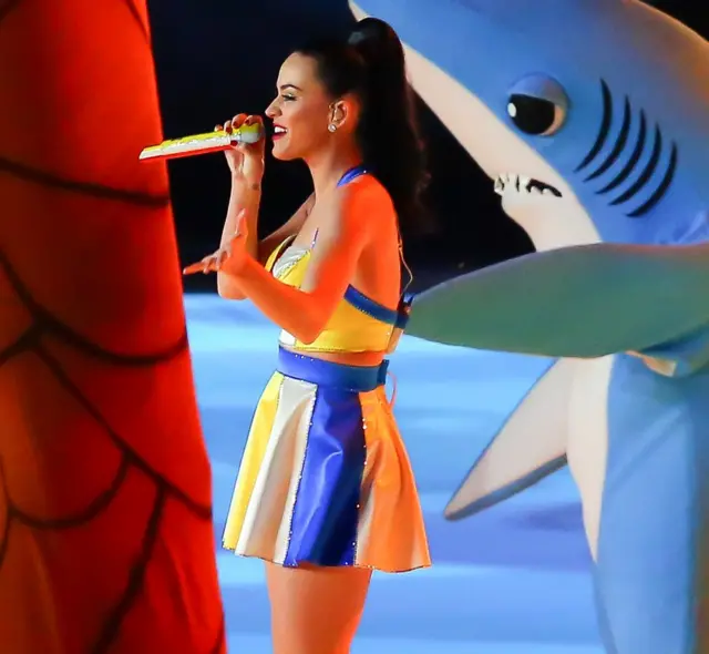 2015年超级碗中场秀，帮凯蒂·佩里伴舞的＂左边那个穿鲨鱼装的人偶＂爆红。