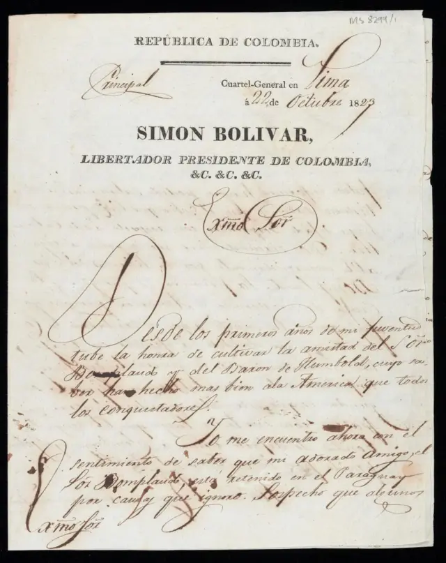 Carta de Bolívar a Francia pidiendo la liberación de su buen amigo el explorador y botánico Aimé Bonpland.