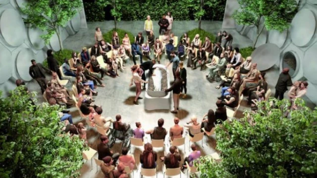 ภาพจินตนาการถึงพิธีศพ ซึ่งจะจัดขึ้น ณ สถานรับหมักศพให้เป็นปุ๋ยในอนาคต