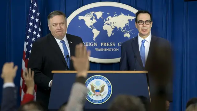 وزرای خزانهداری و خارجه آمریکا در نشست خبری اعلام بازگشت تحریمهای ایران (پنج نوامبر ۲۰۱۸)