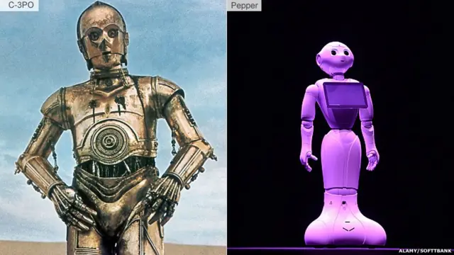 《星球大战》里的机器人C-3PO（左），日本软银公司研制的机器人"胡椒"