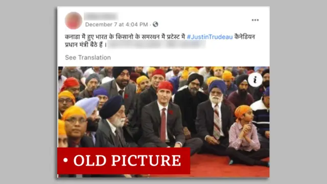 Screen grab of Justin Trudeau with Sikhs labelled "old picture"