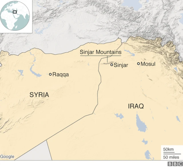 Map showing Raqqa, Mosul and Sinjar
