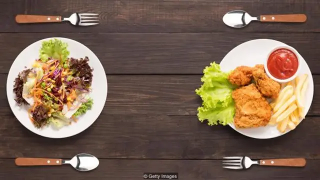 Dos platos de comida: uno considerado sano el otro más calórico.