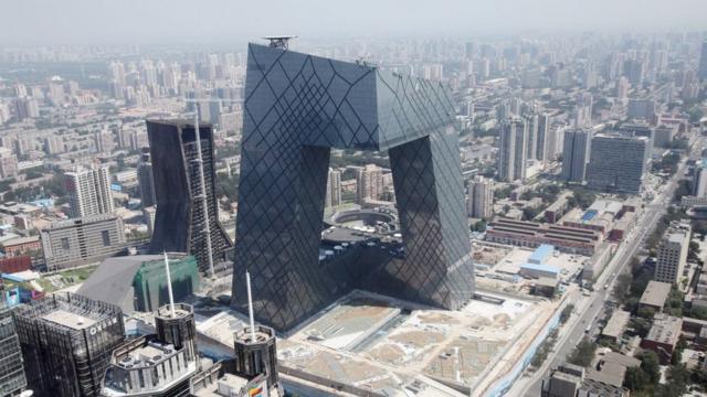 The CCTV Tower is seen from the World Trade Center Tower III on August 16, 2010