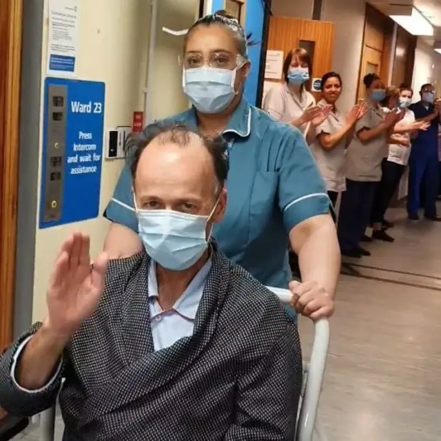 Hylton Murray-Phillipson, 61, being discharged from Leicester Infirmary