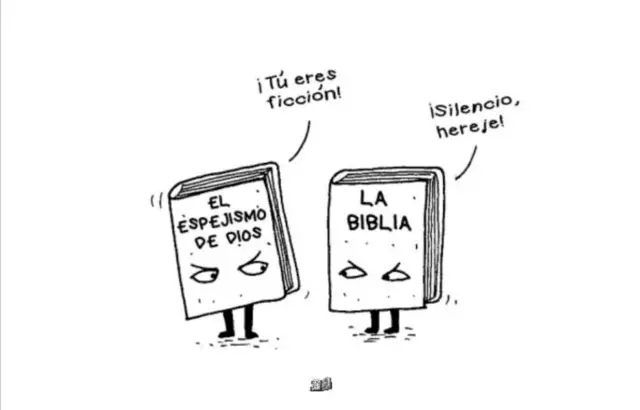 Ilustración cómica de dos libros hablando entre ellos
