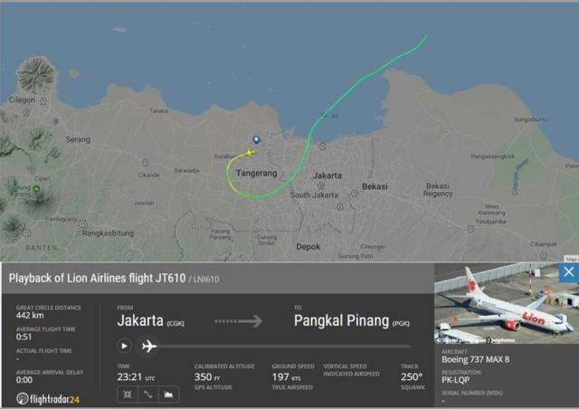 Jejak pesawat Lion Air JT-610 yang terekam pada laman Flightradar24 pada Senin (29/10).