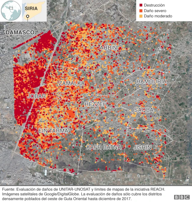 Mapa que muestra los niveles de destrucción en Guta Oriental, Siria, hasta diciembre de 2017