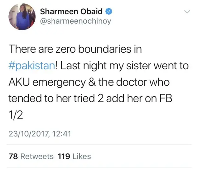 Tweet by Sharmeen Obaid: "There are zero boundaries in Pakistan! Lat night my sister went to AKU emergency and the doctor who tended to her tried to add her on Facebook."