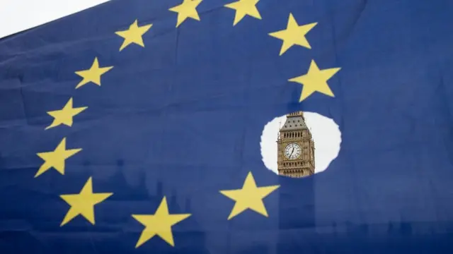 A pro-remain protester holds up an EU flag with one of the stars symbolically cut out in front of the Houses of Parliament.