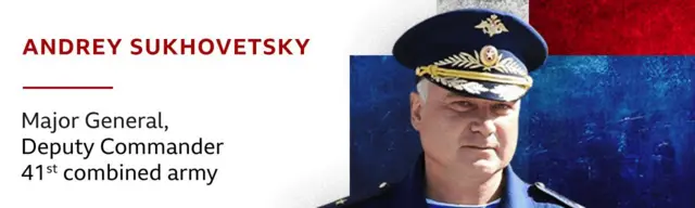 An image of Maj Gen Andrey Sukhovetsky over a treatment of the Russian flag