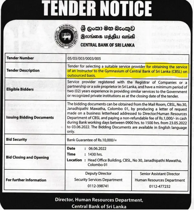 tender notice CBSL