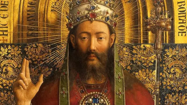 يختلف مؤرخو الفن بشأن ما إذا كان فان إيك قد أراد تصوير الإله الأب أم الإله الابن في لوحته