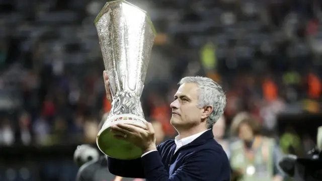 Jose Mourinho with the Europa League trophy