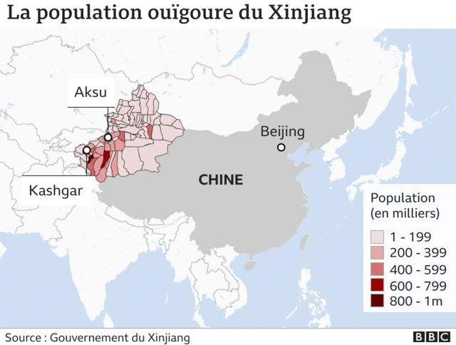 Carte montrant la population ouïghoure au Xinjiang
