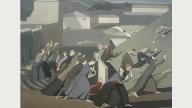 "Всемирный потоп" Уинифред Найтс (1920 г.) изображает апокалиптическое наводнение, мечущиеся фигуры не попавших на Ноев ковчег и саму художницу, разрываемую страхами и ужасными ожиданиями