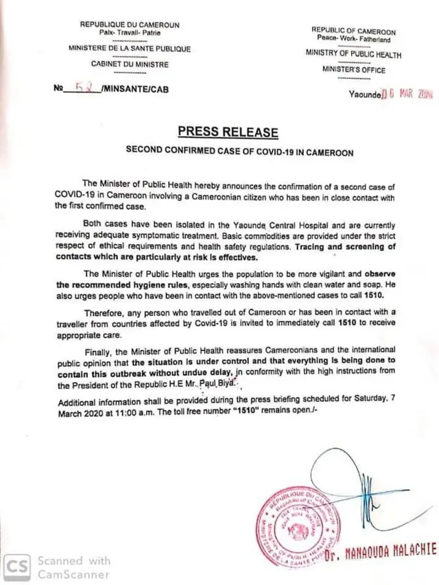 Akwụkwọ ozi si n'aka mịnịstrị ahụike nke Cameroon