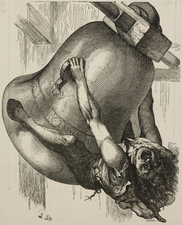 Quasimodo se aferra a una campana. Dibujo de Lemud de El jorobado de Notre-Dame, de Victor Hugo, ilustración de L'Illustration, Journal Universel, de 1877.