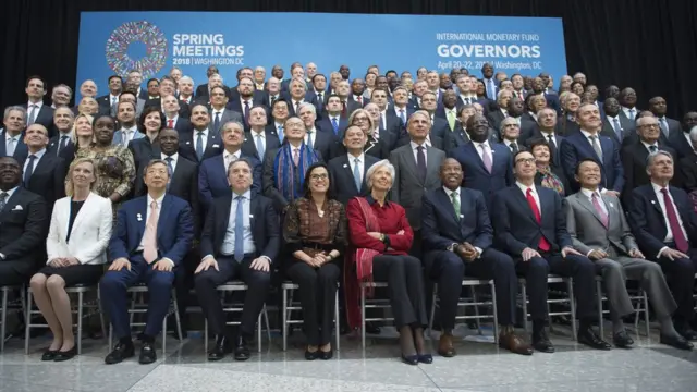 Finance ministers and central banks governors pose for IMFC family photo during the IMF/World Bank spring meeting in Washington, DC on April 21, 2018.