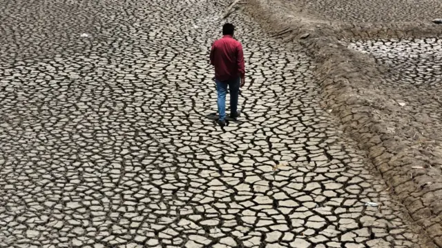 Un homme marche sur la terre salée craquelée et brûlée par la canicule à Mumbai, en Inde.