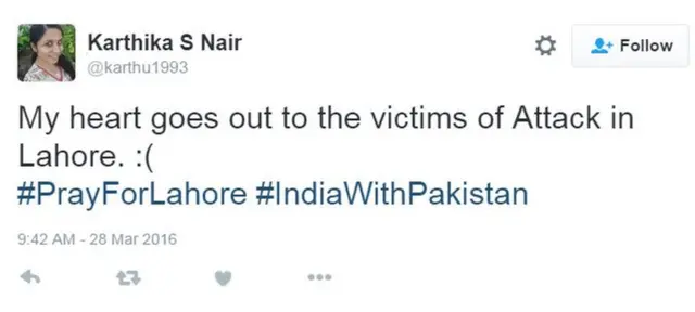 カルティカ・S・ナイルさんは「ラホール攻撃の犠牲者を思っています」とツイート