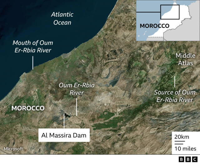 Morocco drought: Satellite images show vital Al Massira reservoir is  shrinking - BBC News