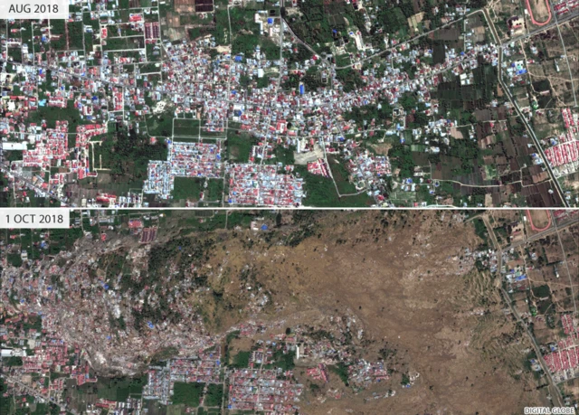 పెటెబో నివాసిత ప్రాంతంలో సునామీకు ముందూ, తరువాత పేరుకుపోయిన మట్టి