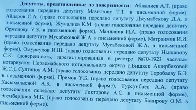 Жогорку Кеңештин басма сөз кызматы тараткан сүрөт, 10-октябрдагы сессияга ишеним катын берген депутаттар