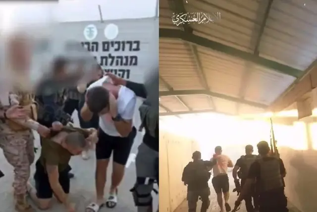 Unggahan di media sosial menunjukkan tentara diculik oleh milisi (kiri) dan unggahan Hamas (kanan) menunjukkan tentara yang sama melintasi perbatasan menuju Jalur Gaza.