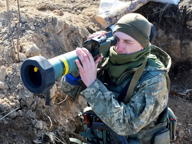 Ukrainian soldier with a US-made portable anti-tank missile - FGM-148 Javelin - in Kharkiv, 23 March